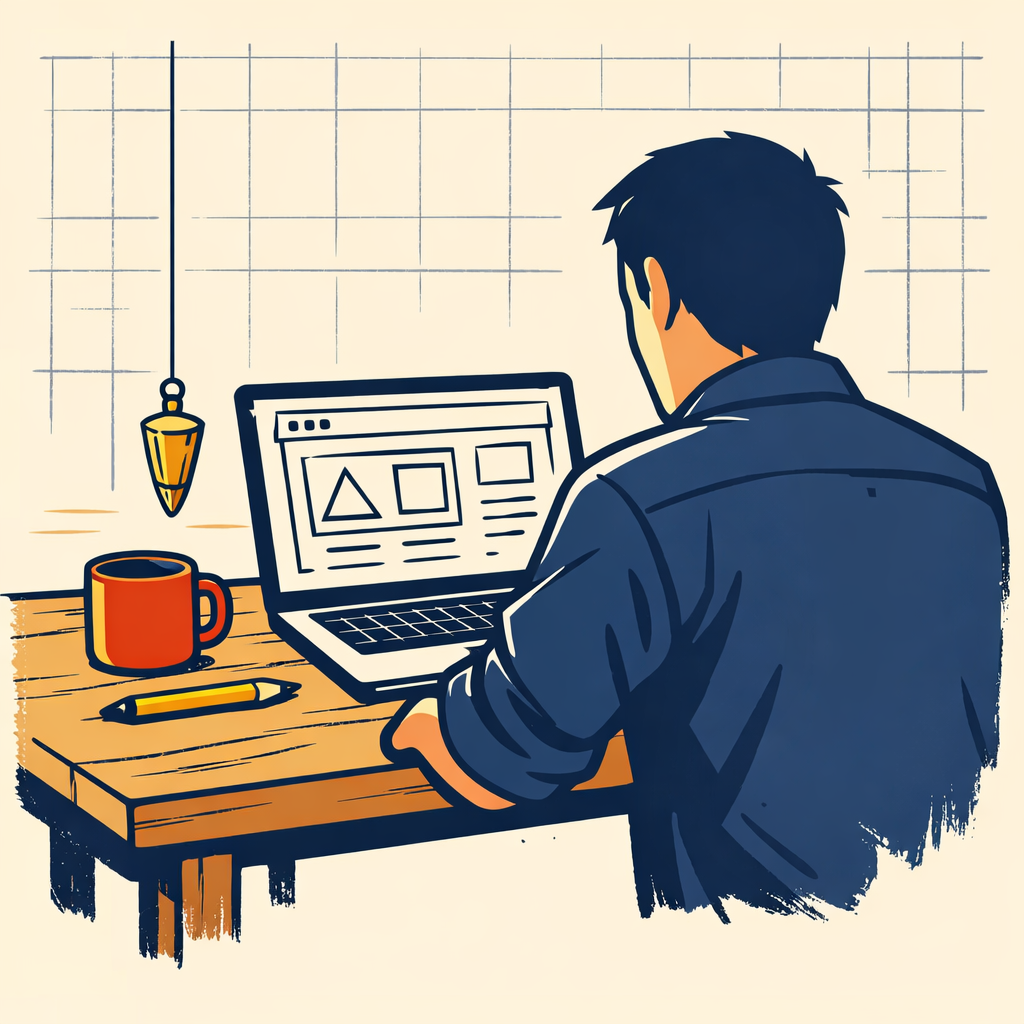 The Trueline Web Co. workbench — laptop, plumb bob, brick-orange coffee mug
