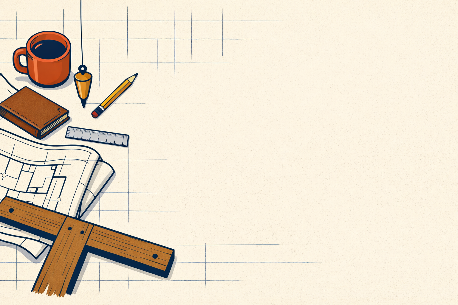 Trueline Web Co. workbench — T-square, plumb bob, blueprint, and pencil on cream paper