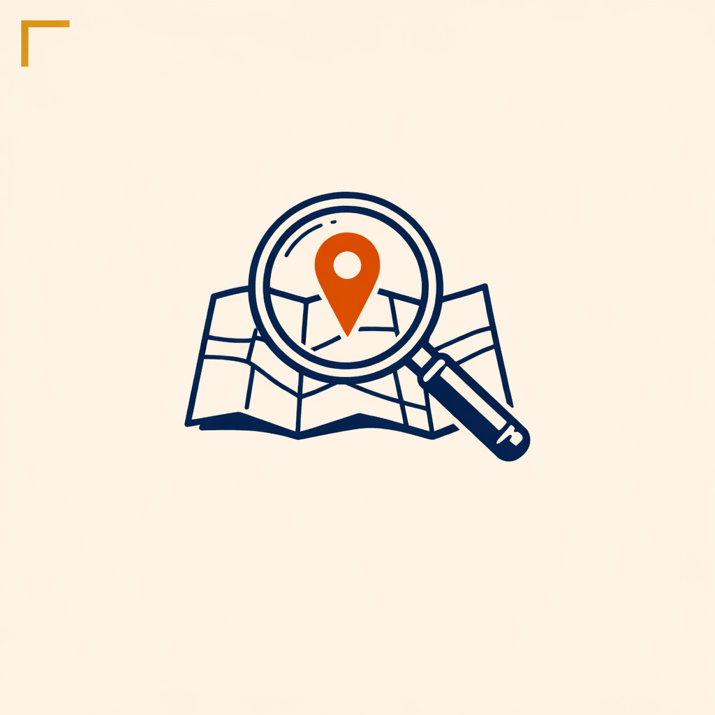 Found on Google icon — magnifying glass over a city map with a pin